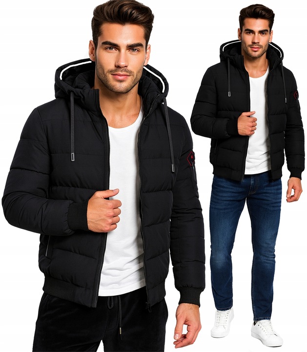 KURTKA MĘSKA Z KAPTUREM PUCHOWA OCIEPLANA ZIMOWA PIKOWANA CZARNA 4XL