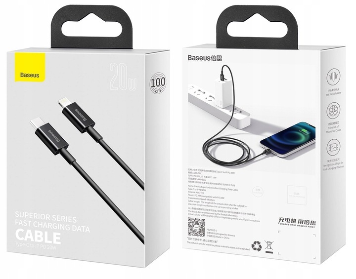 BASEUS KABEL USB-C SZYBKIE ŁADOWANIE PRZEWÓD DO LIGHTNING IPHONE PD 20W 1M