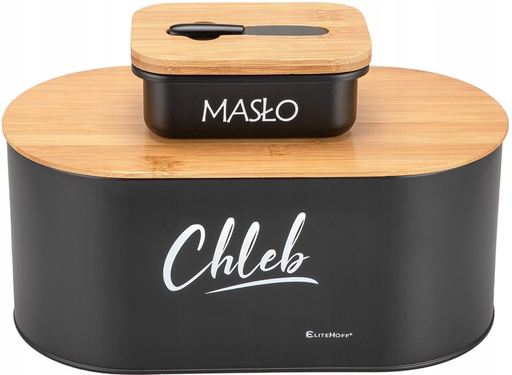 CHLEBAK BAMBUSOWY DREWNIANY CZARNY METALOWY Z MASELNICZKĄ NOŻYKIEM DO