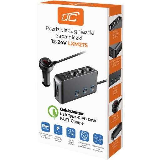 ROZDZIELACZ ROZGAŁĘŹNIK ZAPALNICZKI 4 USB QC i PD