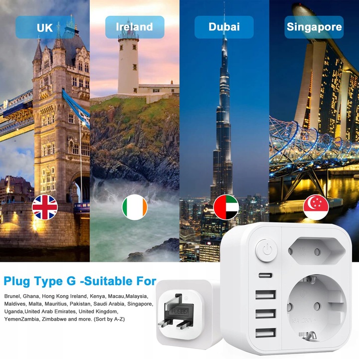 ŁADOWARKA TYP G Adapter podróżny 3USB+1USB-C, UK WTYCZKA