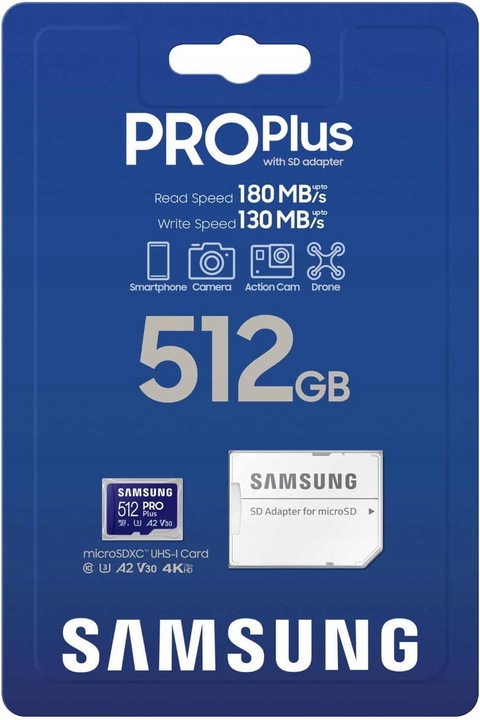 Samsung PRO Plus microSDXC 512GB U3 A2 V30 180 MB/s Adapter Karta pamięci