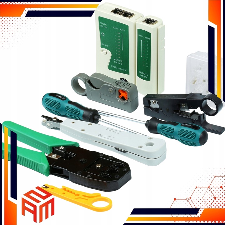 ZESTAW TESTER KABLI ZACISKARKA RJ 45 WTYK RJ45 NARZĘDZIA SIECIOWE ŚCIĄGACZ