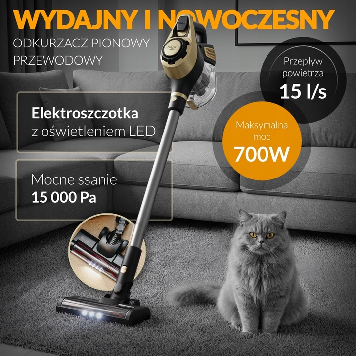 Odkurzacz pionowy bezworkowy Adler Light Gold 700 W z turboszczotką