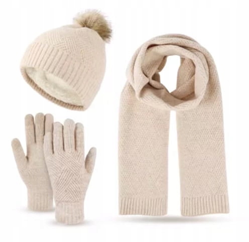Komplet czapka ocieplana pompon szalik rękawiczki dotykowe do telefonu