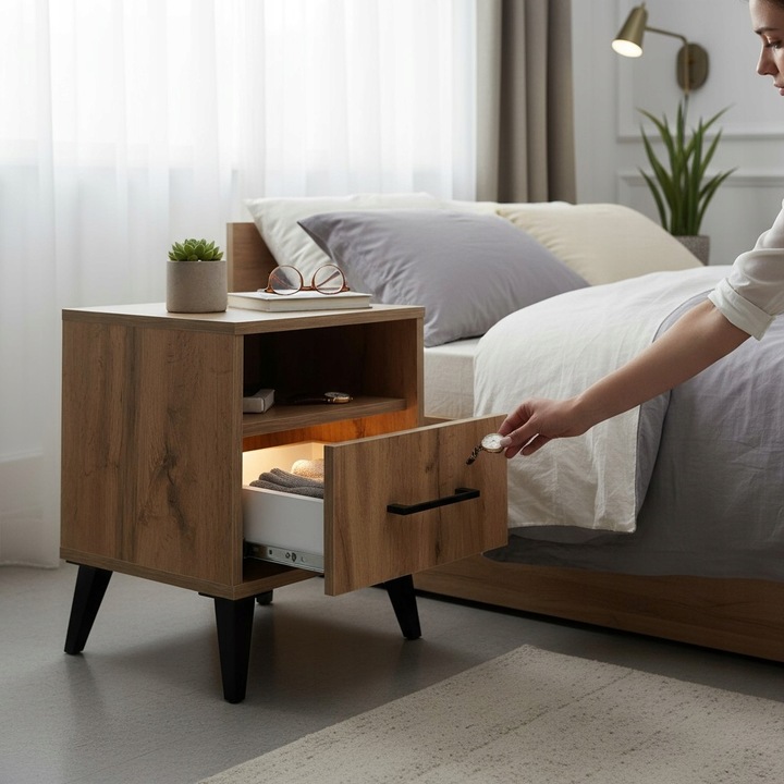 Stolik Nocny z Szufladą Oświetlenie LED Szafka Nocna złożona Loft DĄB