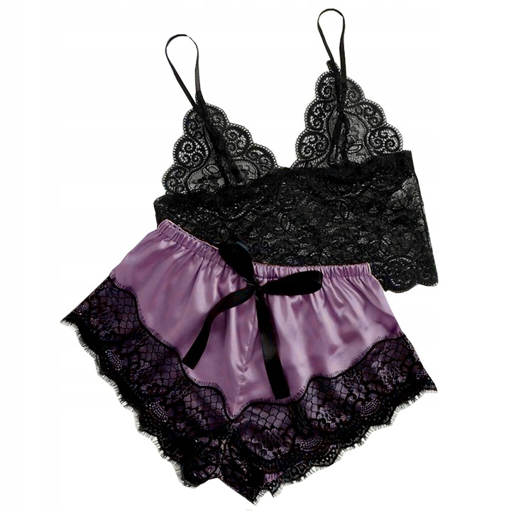 SATYNOWY KOMPLET SEXY BIELIZNA PIŻAMA TOP KOSZULKA NOCNA KORONKA SPODENKI