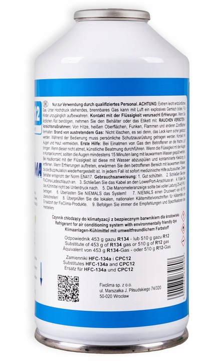 GAZ DO NAPEŁNIANIA KLIMATYZACJI AUT R134A CZYNNIK CHŁODNICZY KLIMY FIXCLIMA