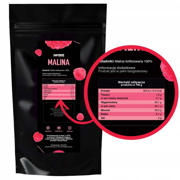 Malina Liofilizowana Maliny Liofilizowane 100g 100 g Owoce Całe HiFood