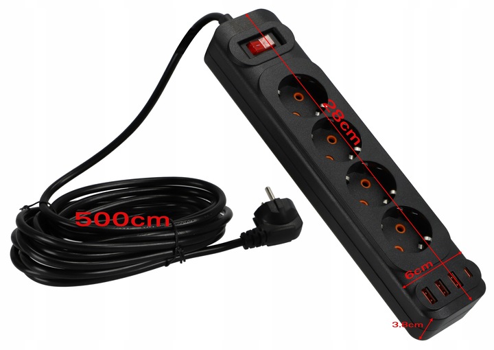 Przedłużacz Listwa Zasilająca Sieciowa 4 Gniazda 230V 5M 4x USB A