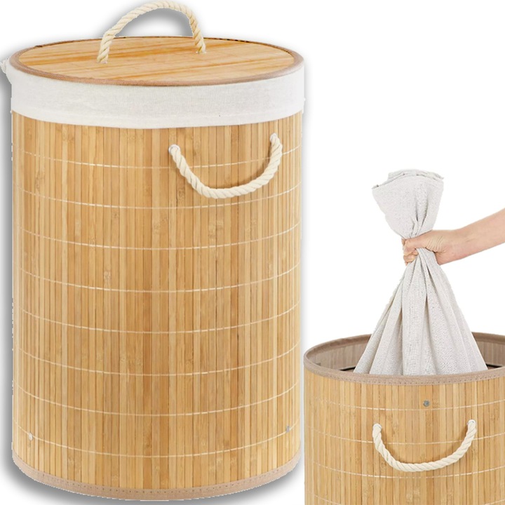 OKRĄGŁY KOSZ NA PRANIE BIELIZNĘ BAMBUSOWY ZAMYKANY SKŁADANY POJEMNY