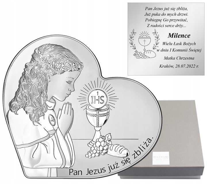 PAMIĄTKA PIERWSZEJ KOMUNII OBRAZEK SREBRNY ŚWIĘTEJ PREZENT Z GRAWEREM