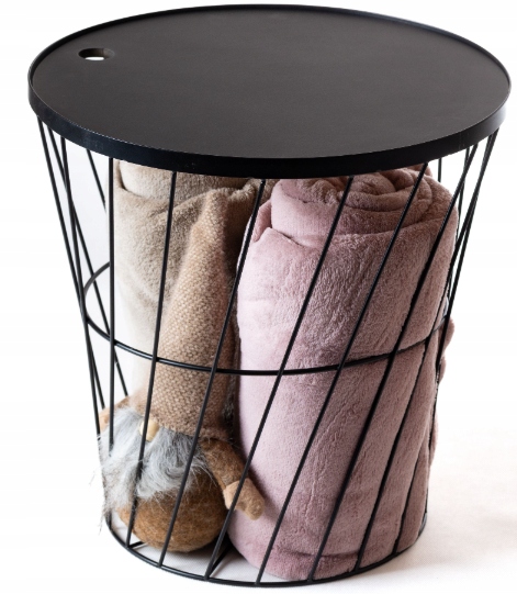 STOLIK KAWOWY METALOWY KOSZ DRUCIANY Z POKRYWĄ OKRĄGŁY CZARNY OZDOBNY