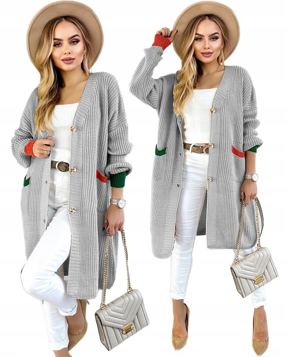 Gruby długi oversize KARDIGAN DAMSKI rozpinany sweter guziki G2OP