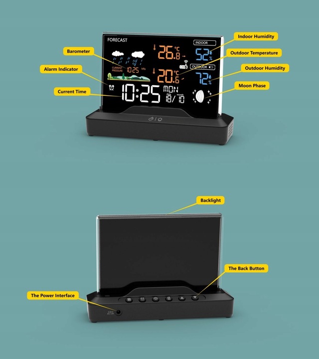 Podświetlana bezprzewodowa stacja pogodowa termometr barometr zegar