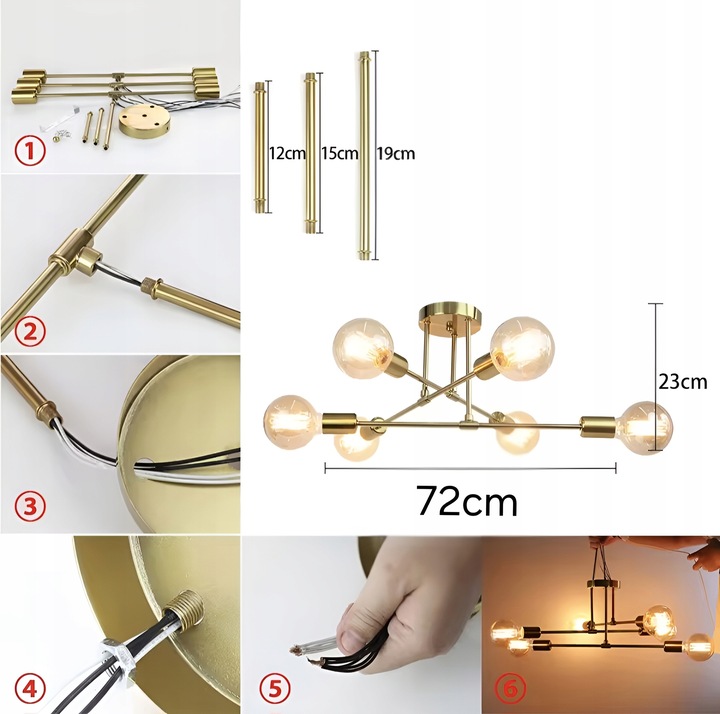 Złota Lampa Sufitowa Wisząca Na Sufit LED 6XE27 Zyrandol Kule