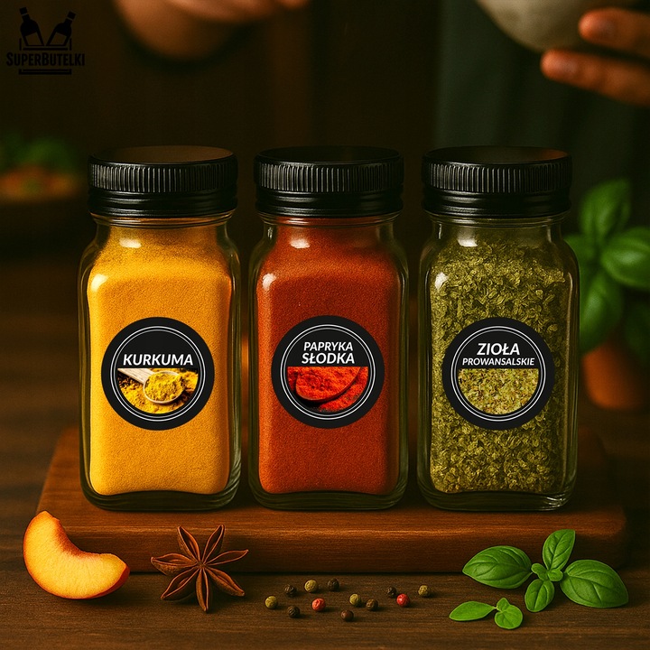 SZKLANE POJEMNIKI NA PRZYPRAWY 24x SŁOICZKI + 200 ETYKIET PRZYPRAWNIK