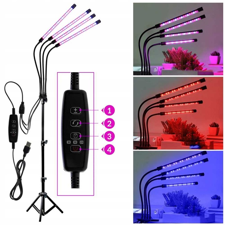 4x LAMPA PANEL DO WZROSTU UPRAWY ROŚLIN FULL SPECTRUM TIMER USB 36W 80
