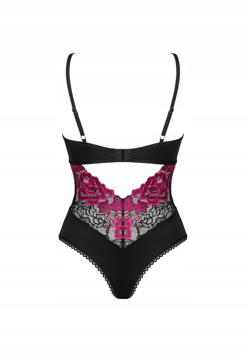 Rosenty body czarne z siateczki z fiszbinami i różowym haftem M/L Obsessive