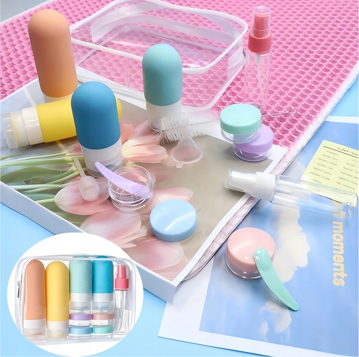 KOSMETYCZKA PODRÓŻNA POJEMNIKI DO SAMOLOTU BUTELKI ZESTAW PODRÓŻNY