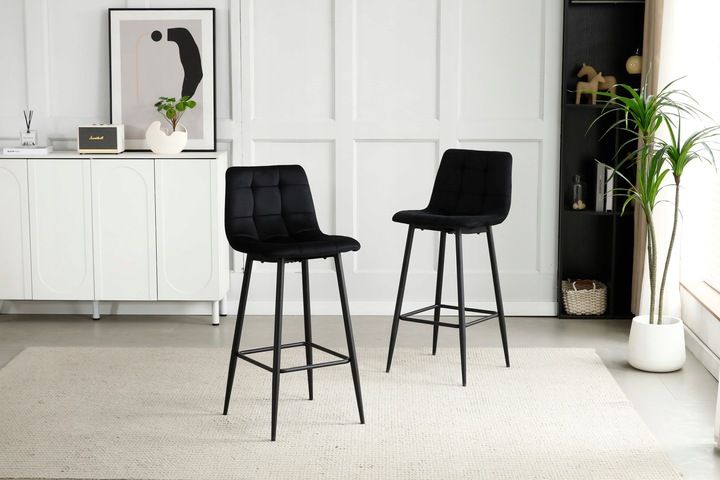 Hoker Krzesło Tapicerowane Barowe Wysokie do Wyspy Welurowe Czarne