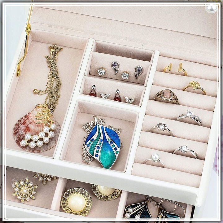 SZKATUŁKA KUFEREK NA BIŻUTERIĘ POJEMNY ELEGANCKI PUDEŁKO Z LUSTERKIEM BIAŁE