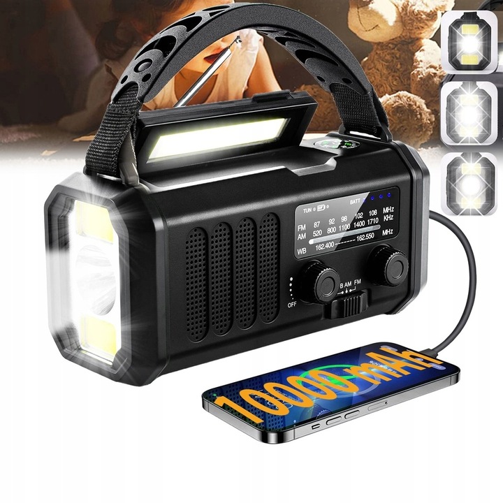 PRZENOŚNE RADIO SOLARNE KORBKA ALARM DYNAMO AWARYJNE LATARKA 10000mAh