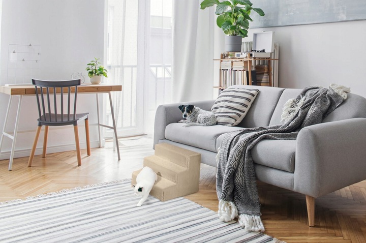 Schodki dla psa 3-stopnie tapicerowane kremowe podest dla psa do kanapy