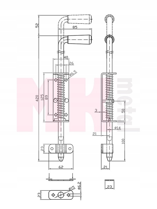 Rygiel zasuwa do bramy zamknięcie skobel L420 sprężyna ocynk