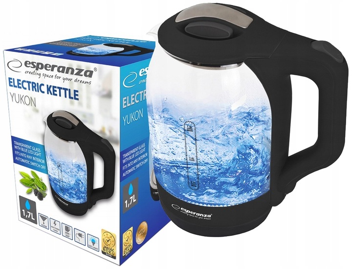 BEZPRZEWODOWY CZAJNIK ELEKTRYCZNY SZKLANY LED 1,7L CZARNY MOCNY