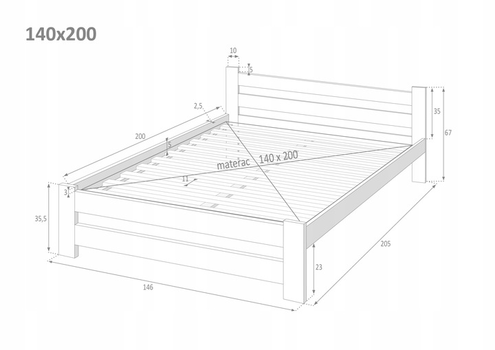 ŁÓŻKO DREWNIANE 140x200 B sosnowe WYSOKI ZAGŁÓWEK
