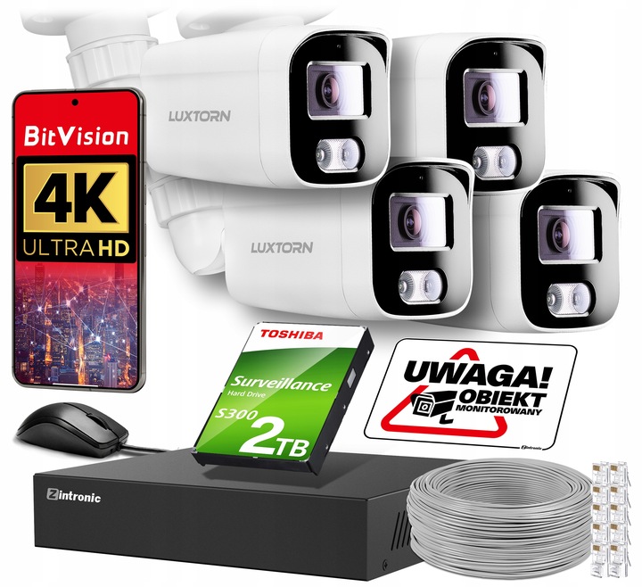 ZESTAW DO MONITORINGU DOMU 8Mpx IP POE 4 KAMERY ZEWNĘTRZNE AUDIO DYSK 2TB