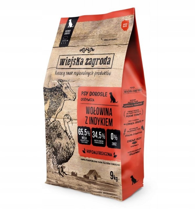 Wiejska Zagroda karma sucha dla psa Wołowina z indykiem 9 kg L