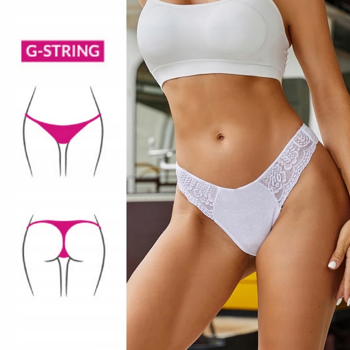 5x WYGODNE BAWEŁNIANE PRĄŻKOWANE STRINGI Z KORONKĄ S/M