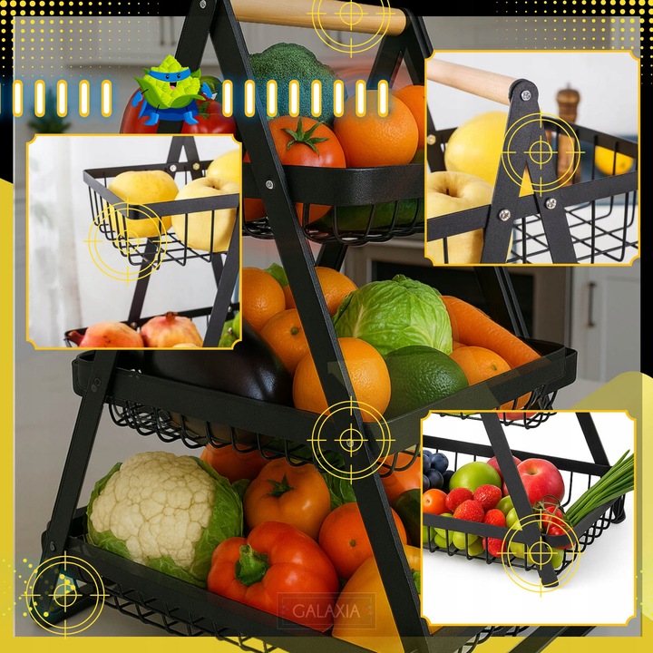 KOSZ NA OWOCE Koszyk na Warzywa Stojak Piętrowy Czarny 3 Poziomy