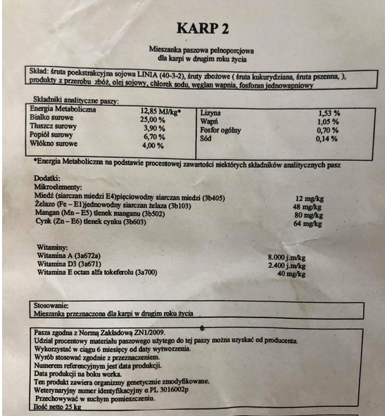 Karma dla ryb, pasza dla ryb 25% białka KARP 25kg