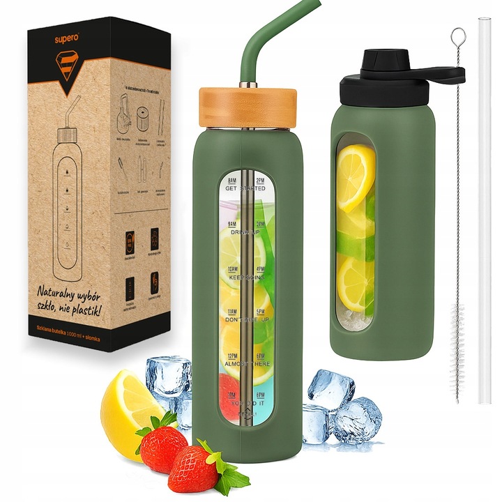 Szklana butelka na wodę z motywacją miarką z 2 słomkami bidon z ustnikiem