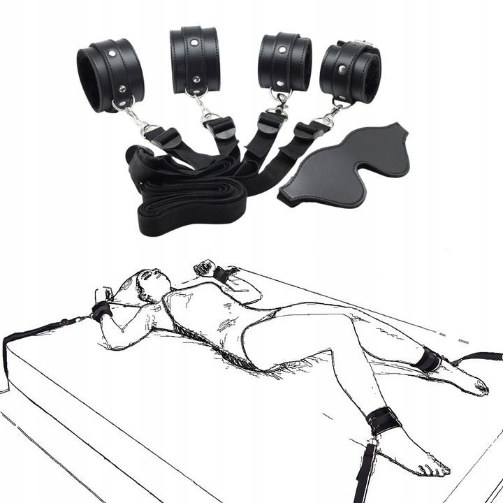 ZESTAW KAJDANEK BDSM Z PASAMI POD MATERAC ŁÓŻKO I MASKA NA OCZY Z EKOSKÓRY