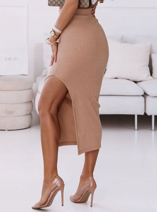 Spódnica ołówkowa prążkowana z rozcięciem dopasowana prążek modna L/XL