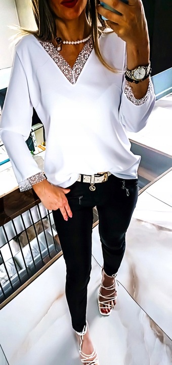 . BIAŁA TUNIKA BLUZKA ELEGANCKA Z KORONKĄ KOSZULA DO PRACY PLUS SIZE 44