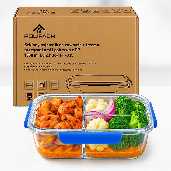 LUNCHBOX POJEMNIK SZKLANY NA ŻYWNOŚĆ 3-komorowy śniadaniówka 1050 ml