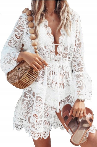 PAREO PLAŻOWA TUNIKA LETNIA BOHO NARZUTKA KORONKA BIAŁA SUKIENKA NA LATO