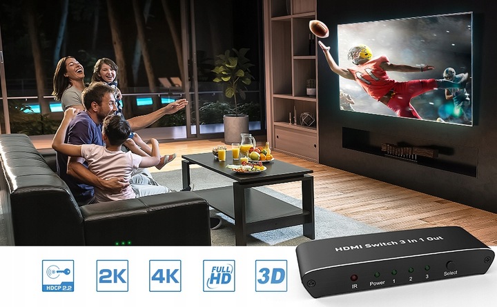 ROZDZIELACZ PRZEŁĄCZNIK SWITCH 3x HDMI 4K HDMI2.0 4K@60HZ