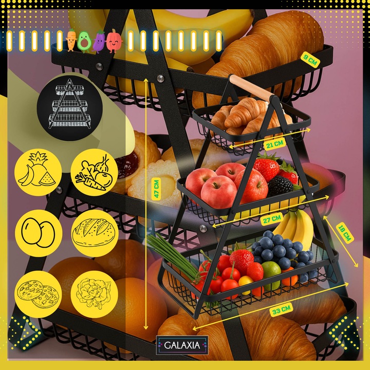 KOSZ NA OWOCE Koszyk na Warzywa Stojak Piętrowy Czarny 3 Poziomy