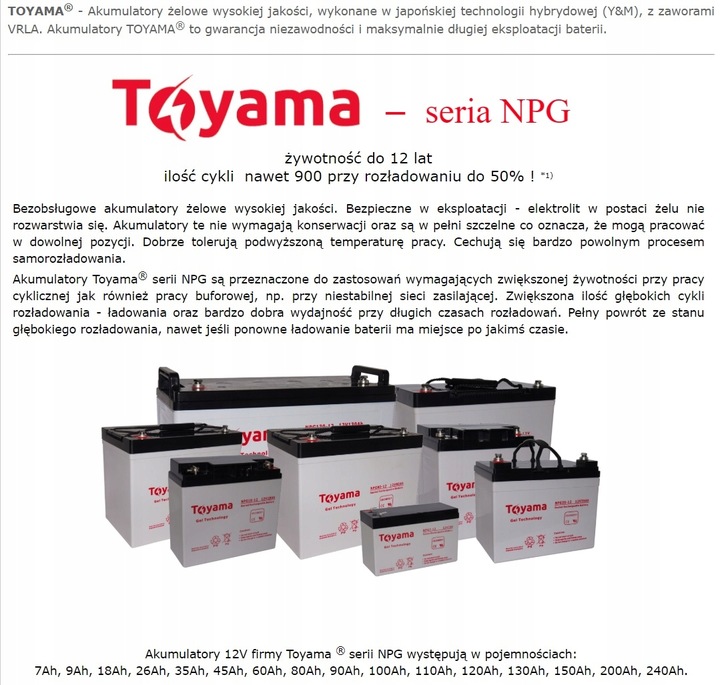 Akumulator żelowy GEL Toyama NPG 100 12V 100Ah