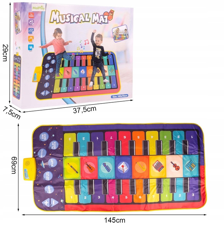 OGROMNA MATA MUZYCZNA DO TAŃCZENIA EDUKACYJNA INTERAKTYWNA GRA 140 X 70 CM