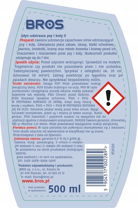 BROS płyn odstrasza psy i koty 500ml - 2 OPAKOWANIA