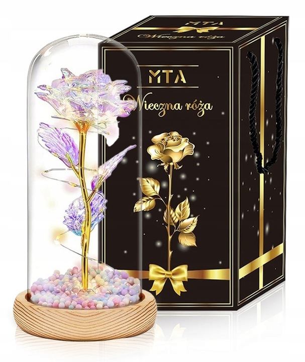 ZŁOTY ŁAŃCUSZEK Z SERDUSZKIEM 925/585+RÓŻA WIECZNA LED PREZENT DLA KOBIETY