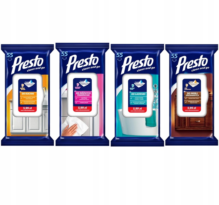 PRESTO ZESTAW MIX 4x Ściereczki chusteczki nawilżane mokre do domu 2w1