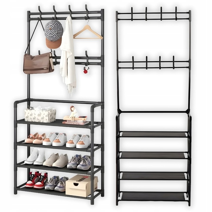 Wieszak na ubrania buty stojący do przedpokoju z półkami czarny